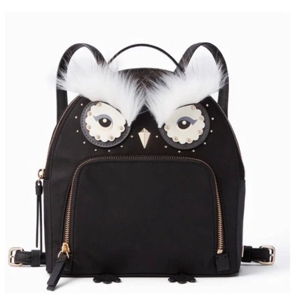 Kate Spade Owl Mini Backpack Novelty Black‎ Nylon Faux Fur Whimsical Animal Bag
